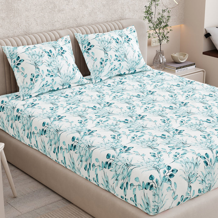 Bella Casa Fashion & Retail Ltd BEDSHEET 72 inch x 78 inch + 10 inch / Blue / 100 % Pure Cotton Double Fitted Bedsheet Set 100% Cotton with 2 Pillow Covers Floral Design Blue Colour - Scarlet Collection
