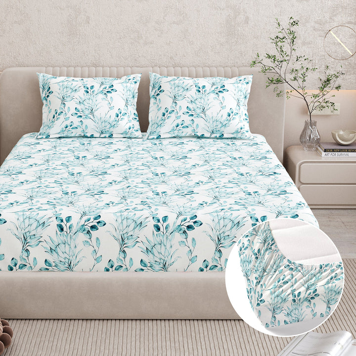Bella Casa Fashion & Retail Ltd BEDSHEET 72 inch x 78 inch + 10 inch / Blue / 100 % Pure Cotton Double Fitted Bedsheet Set 100% Cotton with 2 Pillow Covers Floral Design Blue Colour - Scarlet Collection