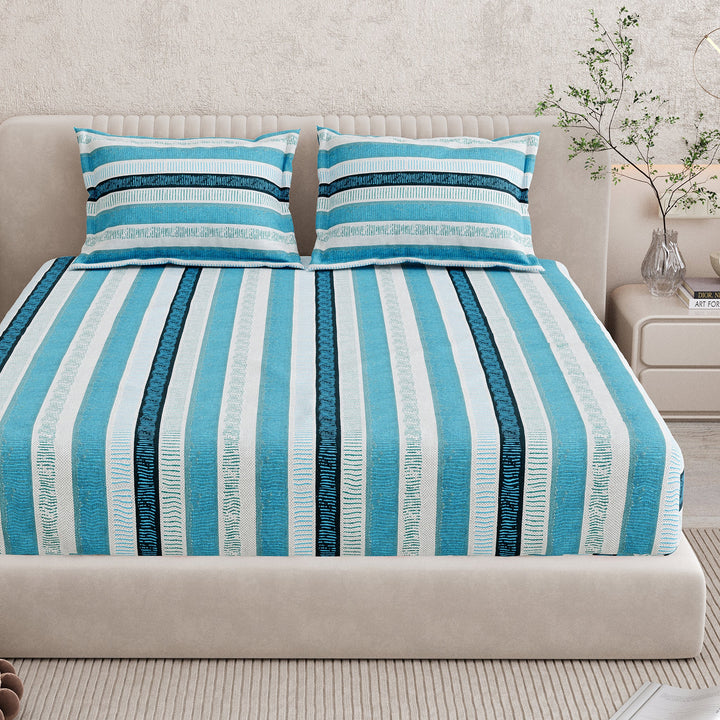 Bella Casa Fashion & Retail Ltd BEDSHEET 72 inch x 78 inch + 10 inch / Blue / 100 % Pure Cotton Double Fitted Bedsheet Set 100% Cotton with 2 Pillow Covers Floral Design Blue Colour - Scarlet Collection