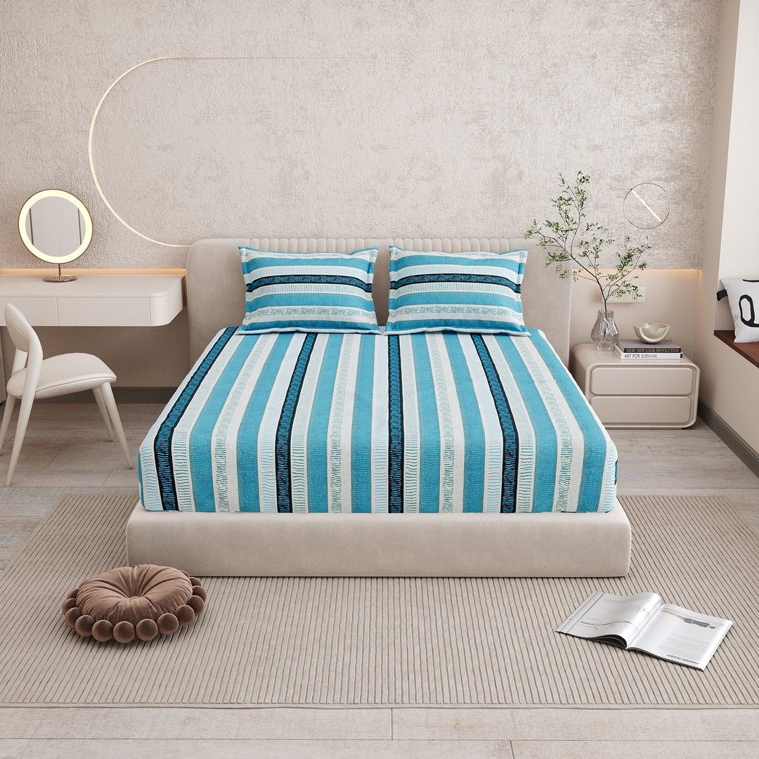 Bella Casa Fashion & Retail Ltd BEDSHEET 72 inch x 78 inch + 10 inch / Blue / 100 % Pure Cotton Double Fitted Bedsheet Set 100% Cotton with 2 Pillow Covers Floral Design Blue Colour - Scarlet Collection