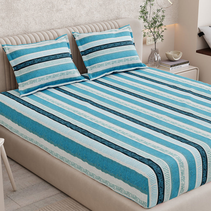 Bella Casa Fashion & Retail Ltd BEDSHEET 72 inch x 78 inch + 10 inch / Blue / 100 % Pure Cotton Double Fitted Bedsheet Set 100% Cotton with 2 Pillow Covers Floral Design Blue Colour - Scarlet Collection
