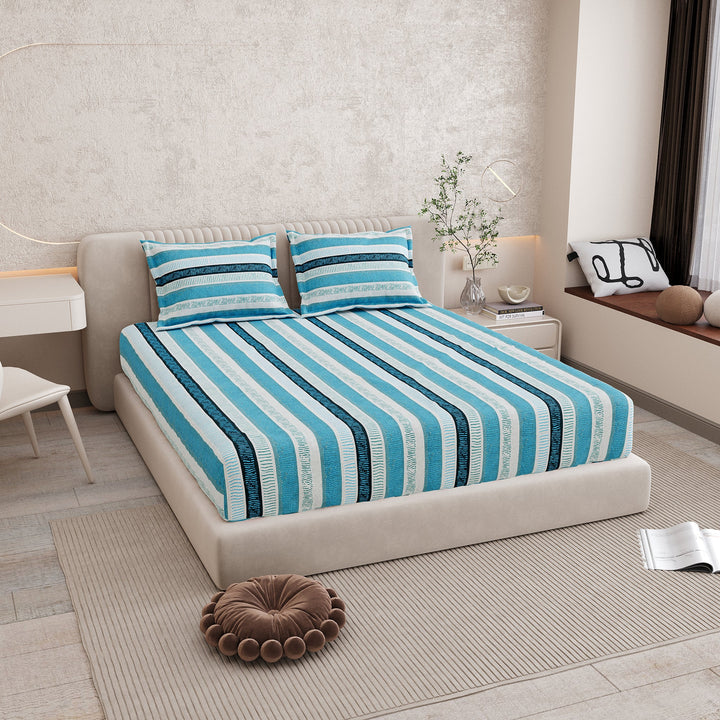 Bella Casa Fashion & Retail Ltd BEDSHEET 72 inch x 78 inch + 10 inch / Blue / 100 % Pure Cotton Double Fitted Bedsheet Set 100% Cotton with 2 Pillow Covers Floral Design Blue Colour - Scarlet Collection