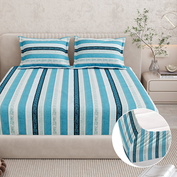 Bella Casa Fashion & Retail Ltd BEDSHEET 72 inch x 78 inch + 10 inch / Blue / 100 % Pure Cotton Double Fitted Bedsheet Set 100% Cotton with 2 Pillow Covers Floral Design Blue Colour - Scarlet Collection