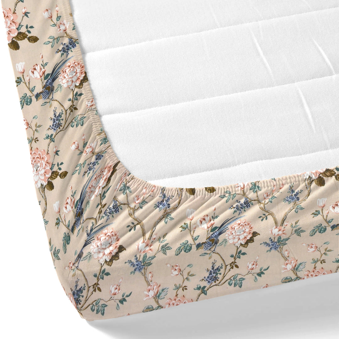 Bella Casa Fashion & Retail Ltd BEDSHEET 72 inch x 78 inch + 10 inch / Blue & Beige / 100 % Pure Cotton Double Fitted Bedsheet Set 100% Cotton with 2 Pillow Covers Floral Design Blue & Beige Colour - Scarlet Collection