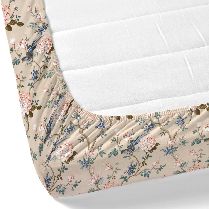 Bella Casa Fashion & Retail Ltd BEDSHEET 72 inch x 78 inch + 10 inch / Blue & Beige / 100 % Pure Cotton Double Fitted Bedsheet Set 100% Cotton with 2 Pillow Covers Floral Design Blue & Beige Colour - Scarlet Collection