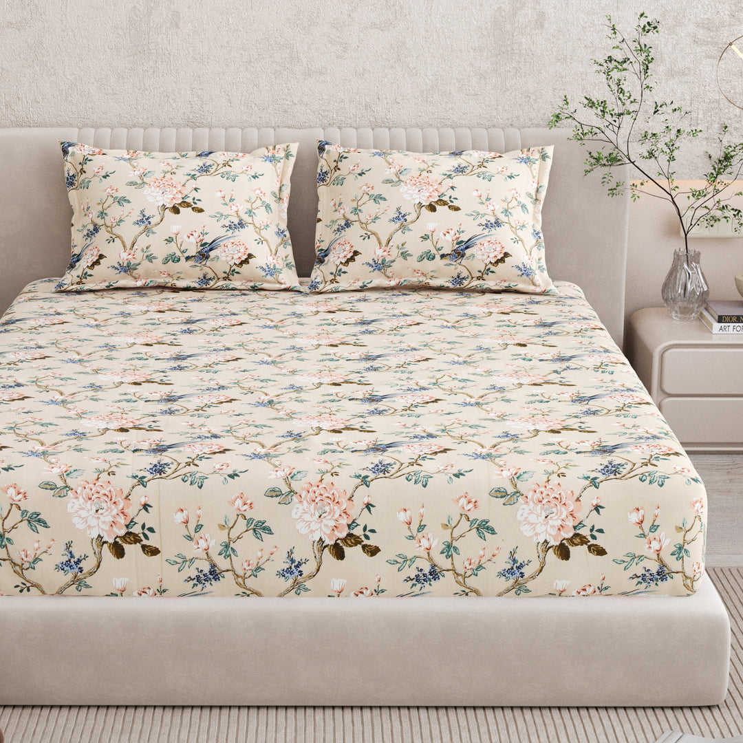 Bella Casa Fashion & Retail Ltd BEDSHEET 72 inch x 78 inch + 10 inch / Blue & Beige / 100 % Pure Cotton Double Fitted Bedsheet Set 100% Cotton with 2 Pillow Covers Floral Design Blue & Beige Colour - Scarlet Collection