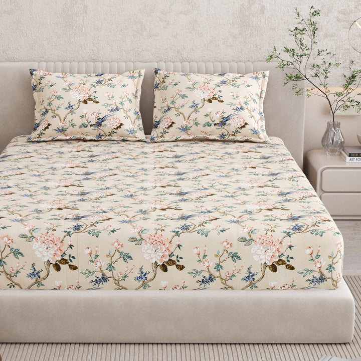 Bella Casa Fashion & Retail Ltd BEDSHEET 72 inch x 78 inch + 10 inch / Blue & Beige / 100 % Pure Cotton Double Fitted Bedsheet Set 100% Cotton with 2 Pillow Covers Floral Design Blue & Beige Colour - Scarlet Collection