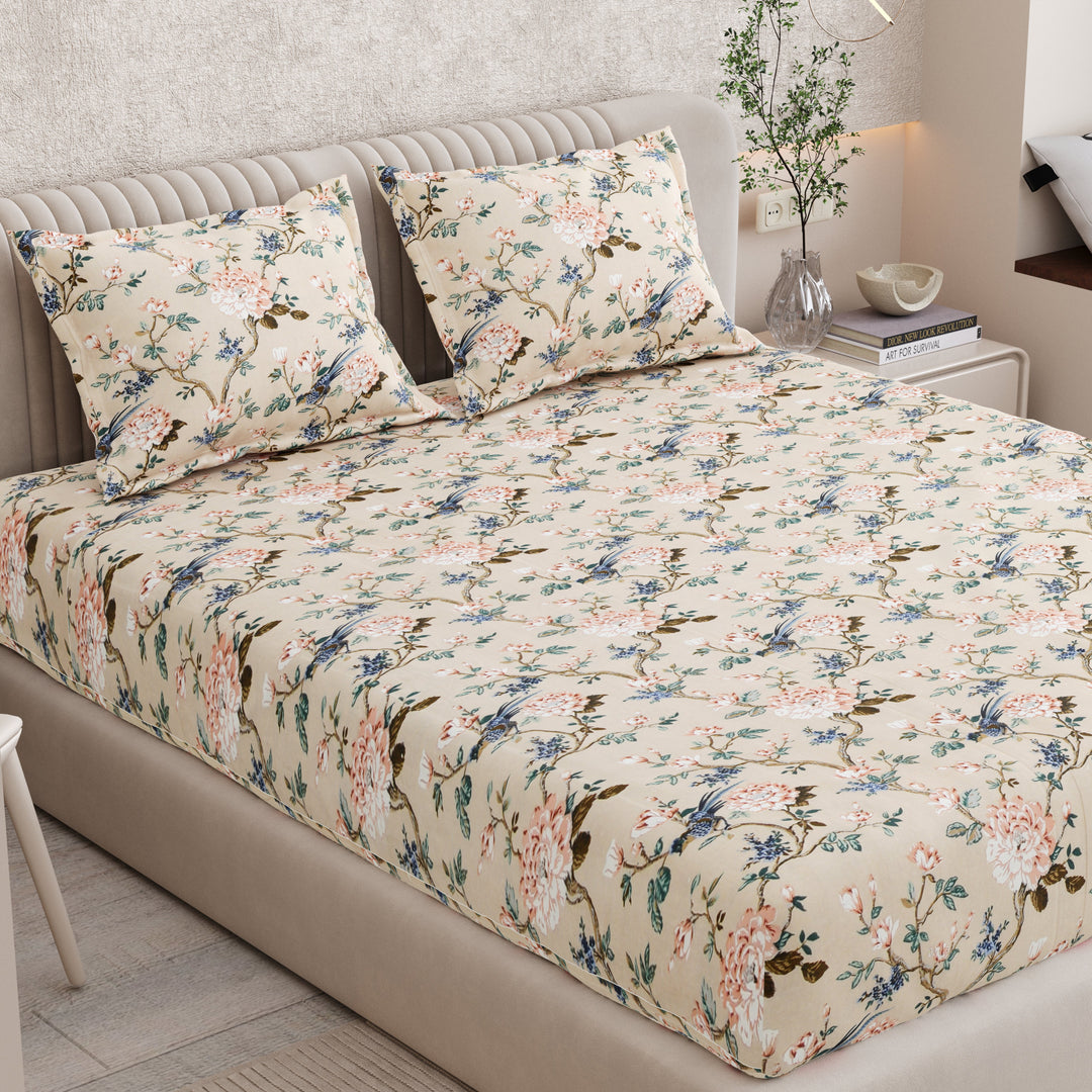 Bella Casa Fashion & Retail Ltd BEDSHEET 72 inch x 78 inch + 10 inch / Blue & Beige / 100 % Pure Cotton Double Fitted Bedsheet Set 100% Cotton with 2 Pillow Covers Floral Design Blue & Beige Colour - Scarlet Collection