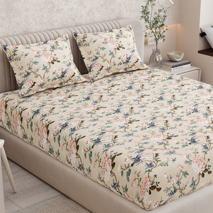 Bella Casa Fashion & Retail Ltd BEDSHEET 72 inch x 78 inch + 10 inch / Blue & Beige / 100 % Pure Cotton Double Fitted Bedsheet Set 100% Cotton with 2 Pillow Covers Floral Design Blue & Beige Colour - Scarlet Collection