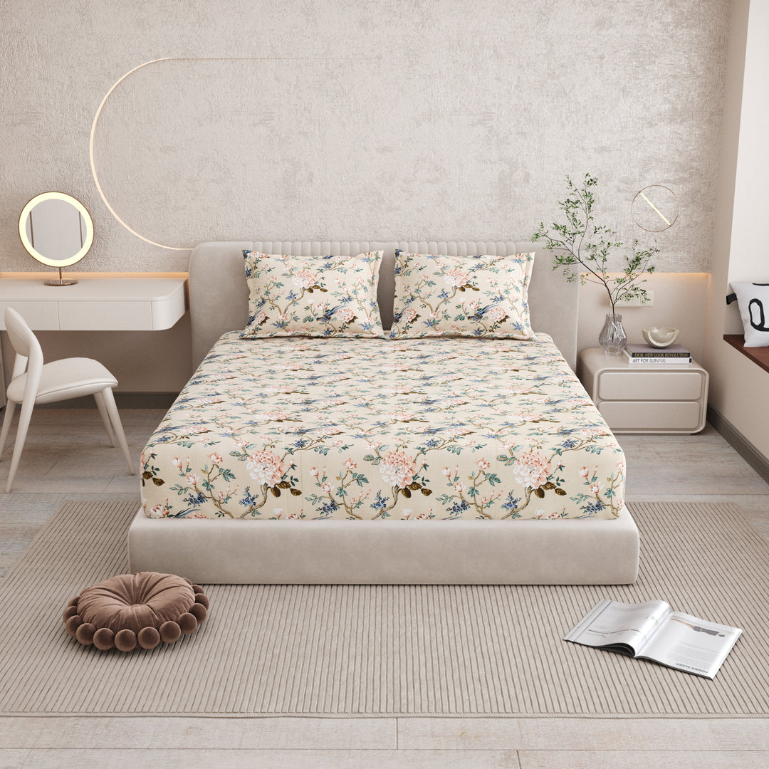 Bella Casa Fashion & Retail Ltd BEDSHEET 72 inch x 78 inch + 10 inch / Blue & Beige / 100 % Pure Cotton Double Fitted Bedsheet Set 100% Cotton with 2 Pillow Covers Floral Design Blue & Beige Colour - Scarlet Collection