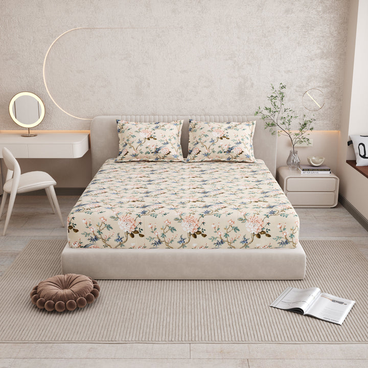 Bella Casa Fashion & Retail Ltd BEDSHEET 72 inch x 78 inch + 10 inch / Blue & Beige / 100 % Pure Cotton Double Fitted Bedsheet Set 100% Cotton with 2 Pillow Covers Floral Design Blue & Beige Colour - Scarlet Collection