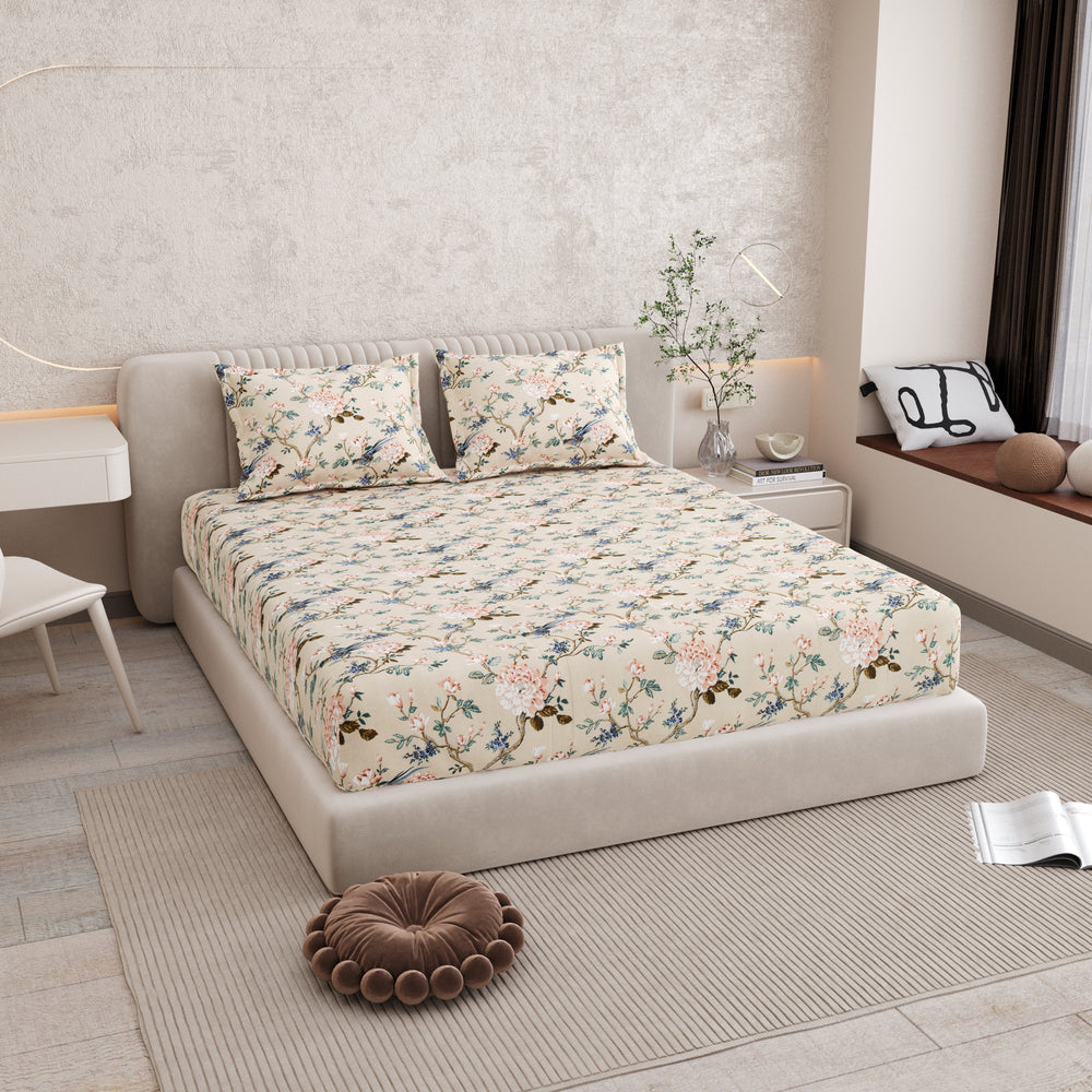 Bella Casa Fashion & Retail Ltd BEDSHEET 72 inch x 78 inch + 10 inch / Blue & Beige / 100 % Pure Cotton Double Fitted Bedsheet Set 100% Cotton with 2 Pillow Covers Floral Design Blue & Beige Colour - Scarlet Collection