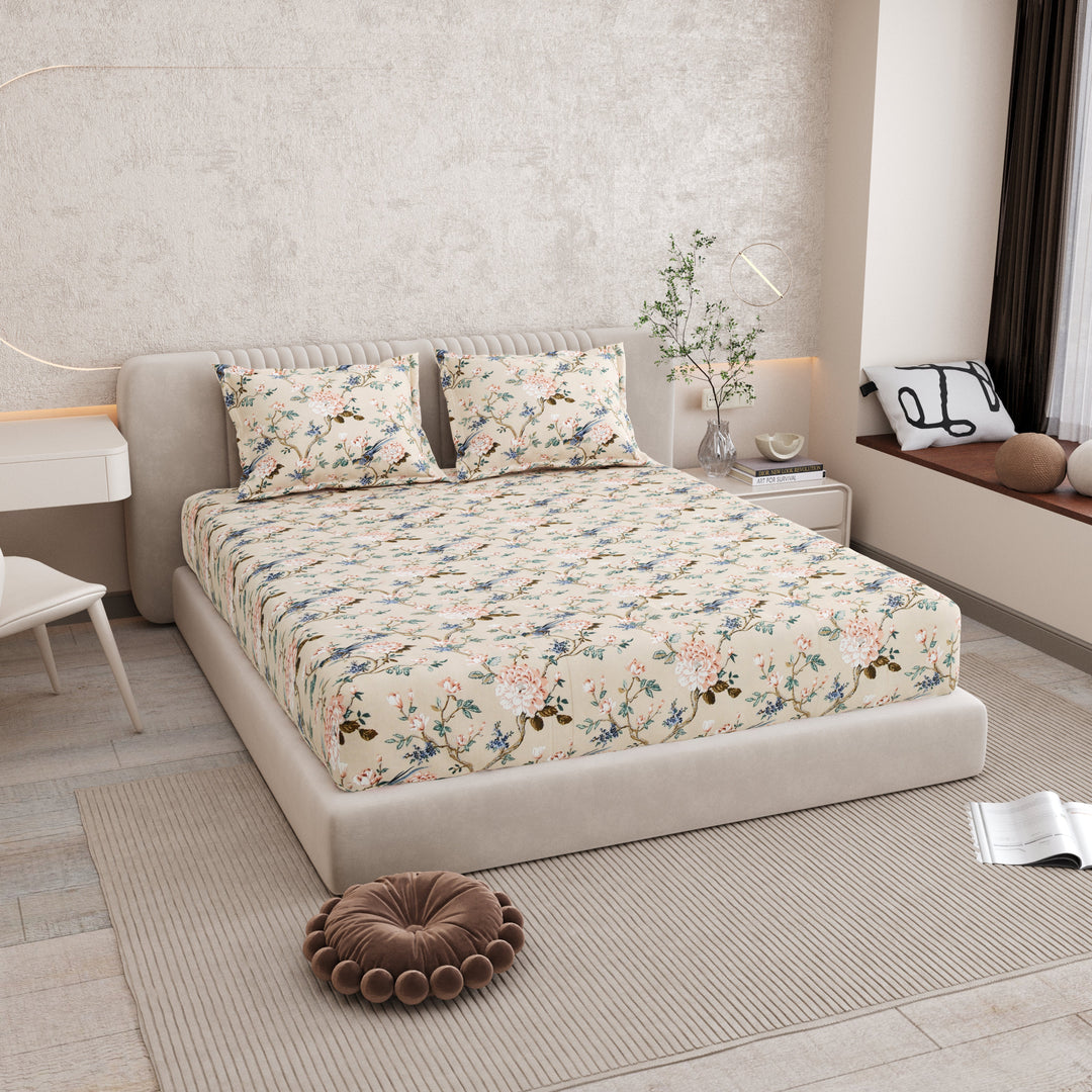 Bella Casa Fashion & Retail Ltd BEDSHEET 72 inch x 78 inch + 10 inch / Blue & Beige / 100 % Pure Cotton Double Fitted Bedsheet Set 100% Cotton with 2 Pillow Covers Floral Design Blue & Beige Colour - Scarlet Collection