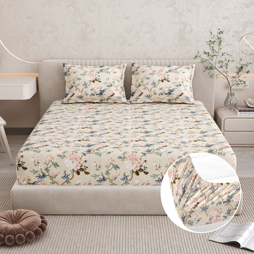 Bella Casa Fashion & Retail Ltd BEDSHEET 72 inch x 78 inch + 10 inch / Blue & Beige / 100 % Pure Cotton Double Fitted Bedsheet Set 100% Cotton with 2 Pillow Covers Floral Design Blue & Beige Colour - Scarlet Collection