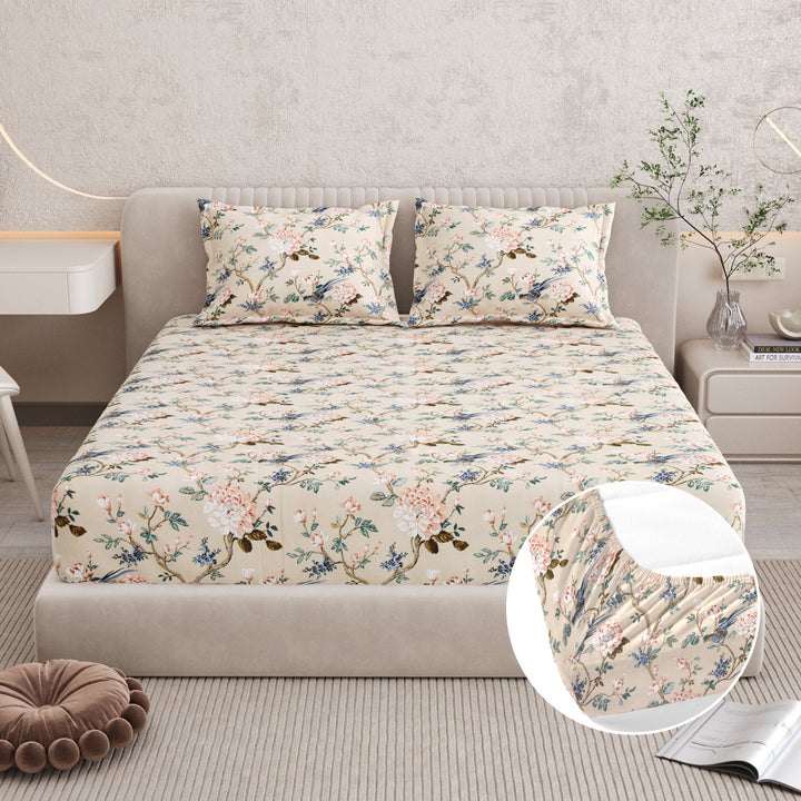 Bella Casa Fashion & Retail Ltd BEDSHEET 72 inch x 78 inch + 10 inch / Blue & Beige / 100 % Pure Cotton Double Fitted Bedsheet Set 100% Cotton with 2 Pillow Covers Floral Design Blue & Beige Colour - Scarlet Collection