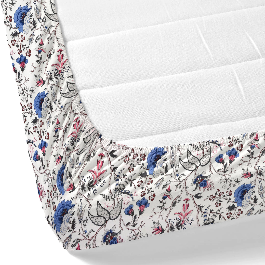 Bella Casa Fashion & Retail Ltd BEDSHEET 72 inch x 78 inch + 10 inch / Blue & Off White / 100 % Pure Cotton Double Fitted Bedsheet Set 100% Cotton with 2 Pillow Covers Floral Design Blue & Off White Colour - Scarlet Collection