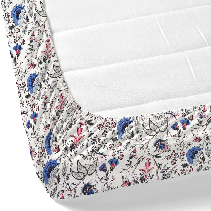 Bella Casa Fashion & Retail Ltd BEDSHEET 72 inch x 78 inch + 10 inch / Blue & Off White / 100 % Pure Cotton Double Fitted Bedsheet Set 100% Cotton with 2 Pillow Covers Floral Design Blue & Off White Colour - Scarlet Collection
