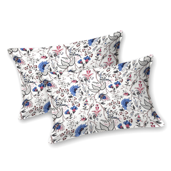 Bella Casa Fashion & Retail Ltd BEDSHEET 72 inch x 78 inch + 10 inch / Blue & Off White / 100 % Pure Cotton Double Fitted Bedsheet Set 100% Cotton with 2 Pillow Covers Floral Design Blue & Off White Colour - Scarlet Collection
