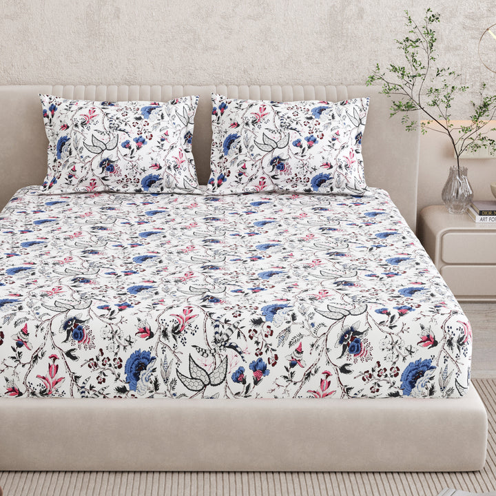 Bella Casa Fashion & Retail Ltd BEDSHEET 72 inch x 78 inch + 10 inch / Blue & Off White / 100 % Pure Cotton Double Fitted Bedsheet Set 100% Cotton with 2 Pillow Covers Floral Design Blue & Off White Colour - Scarlet Collection