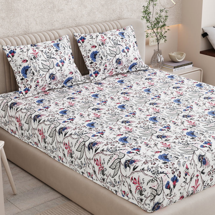 Bella Casa Fashion & Retail Ltd BEDSHEET 72 inch x 78 inch + 10 inch / Blue & Off White / 100 % Pure Cotton Double Fitted Bedsheet Set 100% Cotton with 2 Pillow Covers Floral Design Blue & Off White Colour - Scarlet Collection