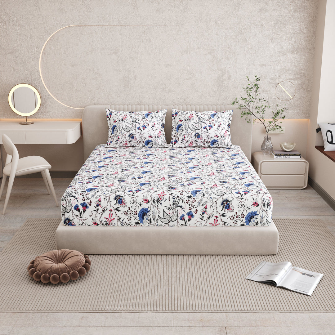 Bella Casa Fashion & Retail Ltd BEDSHEET 72 inch x 78 inch + 10 inch / Blue & Off White / 100 % Pure Cotton Double Fitted Bedsheet Set 100% Cotton with 2 Pillow Covers Floral Design Blue & Off White Colour - Scarlet Collection