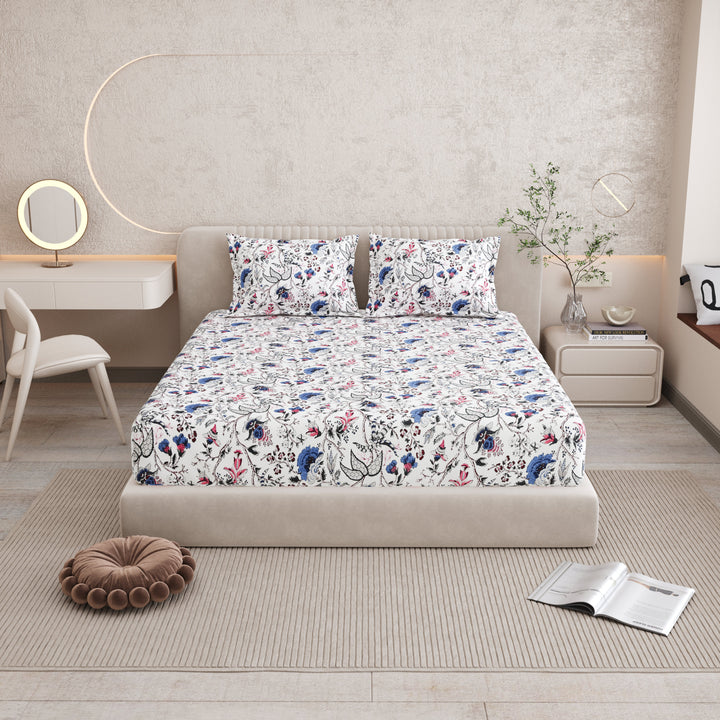 Bella Casa Fashion & Retail Ltd BEDSHEET 72 inch x 78 inch + 10 inch / Blue & Off White / 100 % Pure Cotton Double Fitted Bedsheet Set 100% Cotton with 2 Pillow Covers Floral Design Blue & Off White Colour - Scarlet Collection