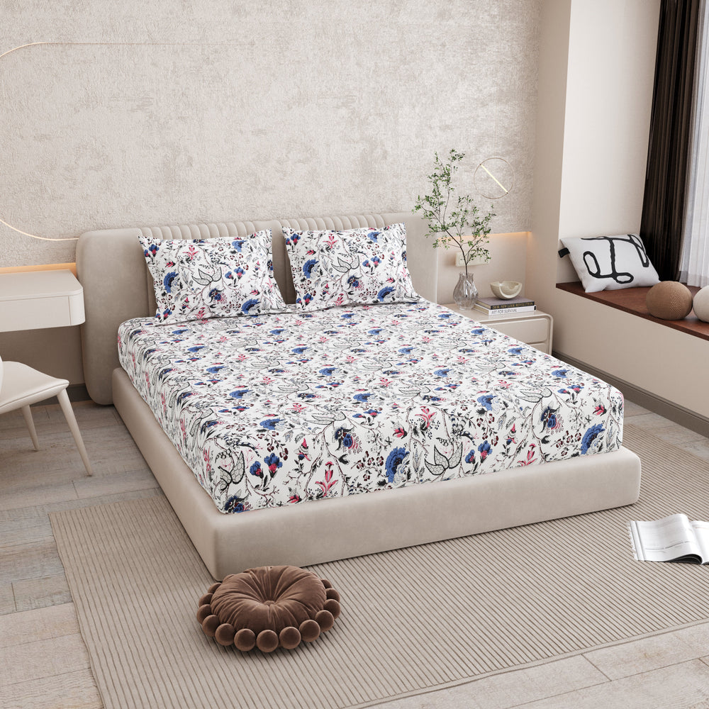 Bella Casa Fashion & Retail Ltd BEDSHEET 72 inch x 78 inch + 10 inch / Blue & Off White / 100 % Pure Cotton Double Fitted Bedsheet Set 100% Cotton with 2 Pillow Covers Floral Design Blue & Off White Colour - Scarlet Collection