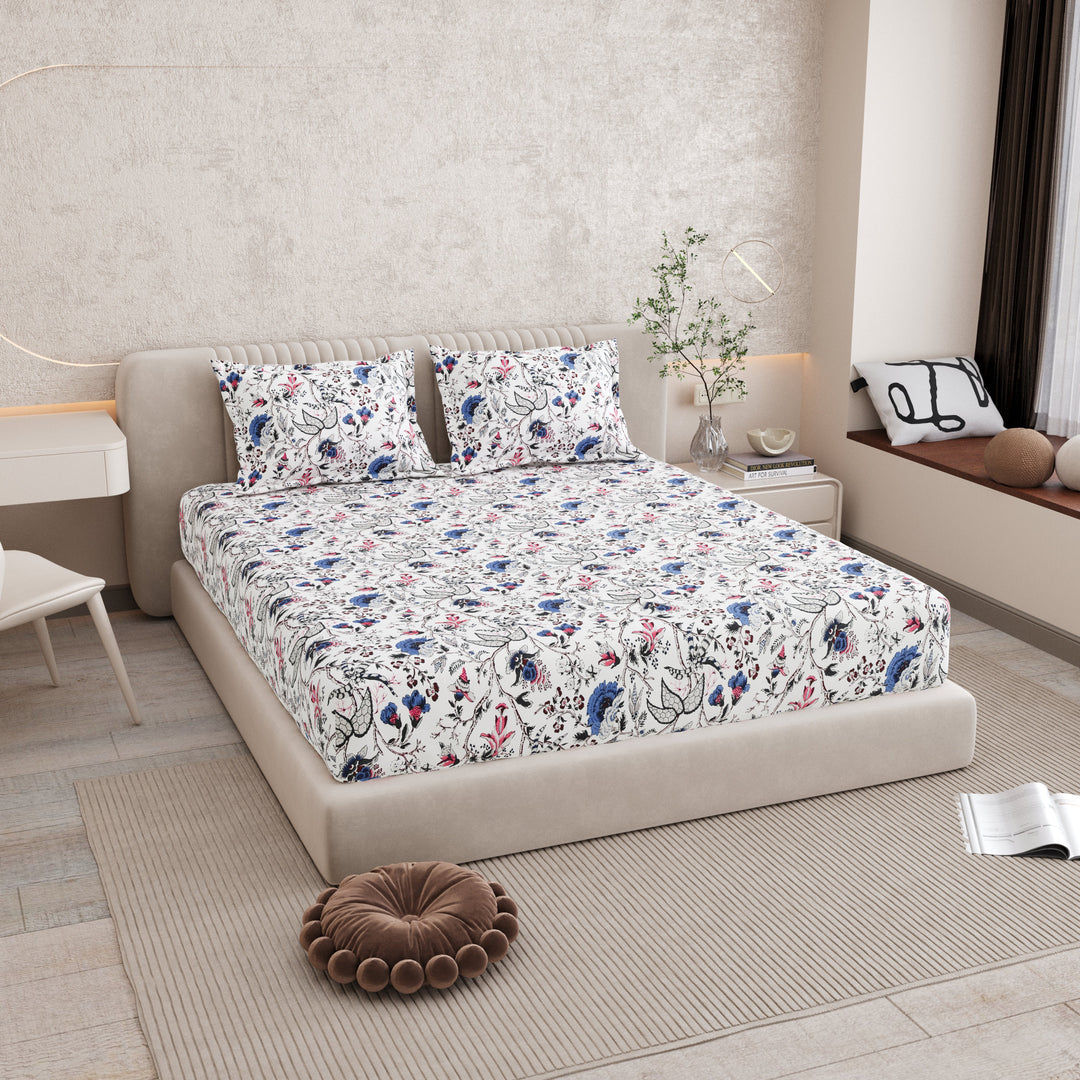 Bella Casa Fashion & Retail Ltd BEDSHEET 72 inch x 78 inch + 10 inch / Blue & Off White / 100 % Pure Cotton Double Fitted Bedsheet Set 100% Cotton with 2 Pillow Covers Floral Design Blue & Off White Colour - Scarlet Collection