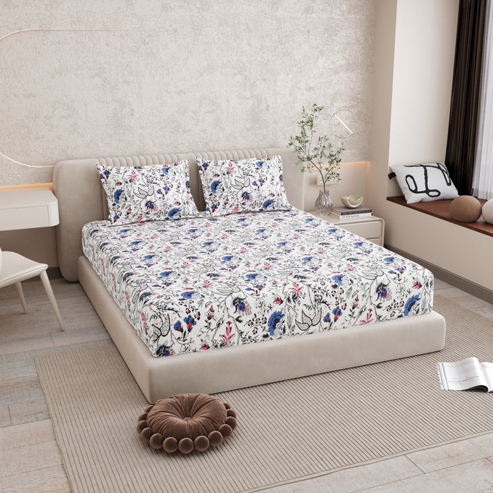 Bella Casa Fashion & Retail Ltd BEDSHEET 72 inch x 78 inch + 10 inch / Blue & Off White / 100 % Pure Cotton Double Fitted Bedsheet Set 100% Cotton with 2 Pillow Covers Floral Design Blue & Off White Colour - Scarlet Collection