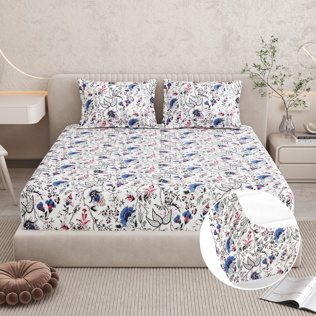 Bella Casa Fashion & Retail Ltd BEDSHEET 72 inch x 78 inch + 10 inch / Blue & Off White / 100 % Pure Cotton Double Fitted Bedsheet Set 100% Cotton with 2 Pillow Covers Floral Design Blue & Off White Colour - Scarlet Collection