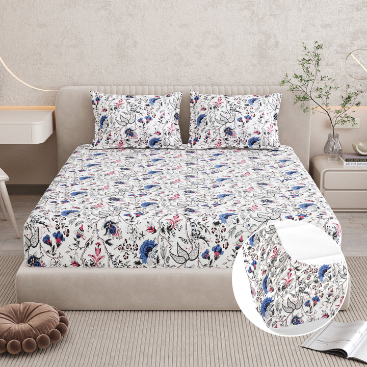 Bella Casa Fashion & Retail Ltd BEDSHEET 72 inch x 78 inch + 10 inch / Blue & Off White / 100 % Pure Cotton Double Fitted Bedsheet Set 100% Cotton with 2 Pillow Covers Floral Design Blue & Off White Colour - Scarlet Collection