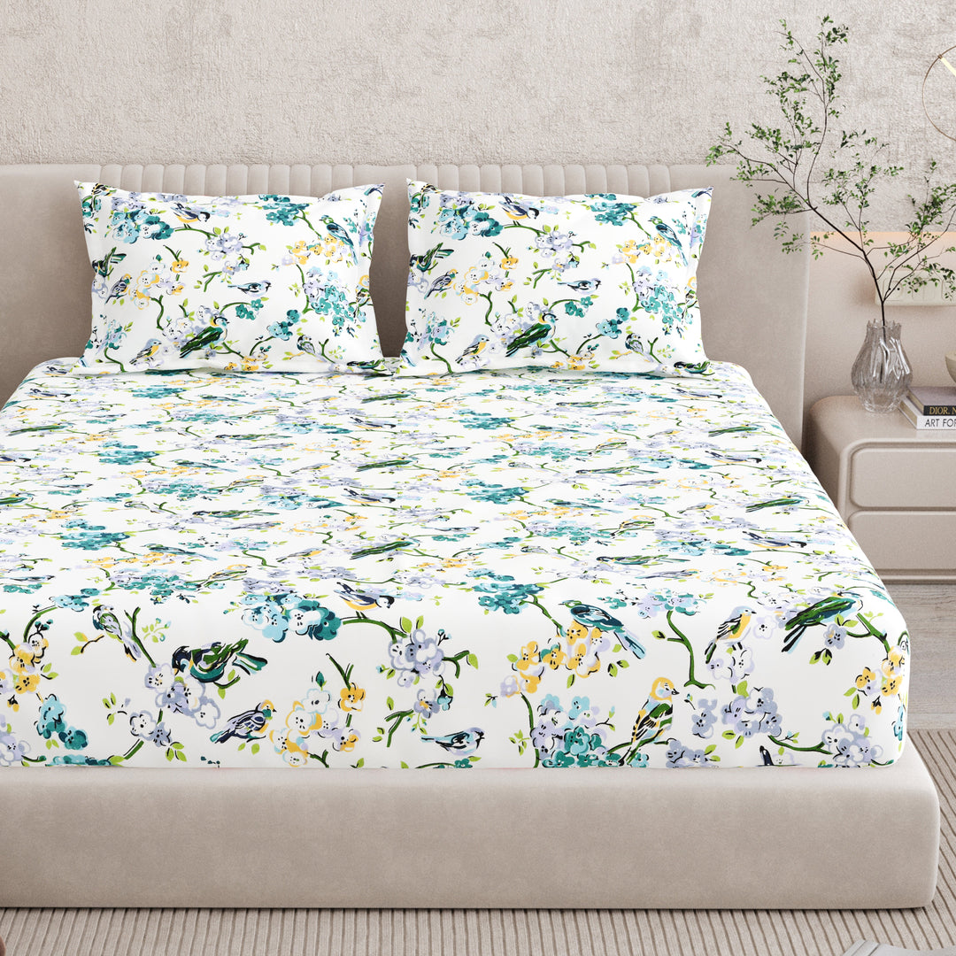 Bella Casa Fashion & Retail Ltd BEDSHEET 72 inch x 78 inch + 10 inch / Blue & Off White / 100 % Pure Cotton Double Fitted Bedsheet Set 100% Cotton with 2 Pillow Covers Floral Design Blue & Off White Colour - Scarlet Collection