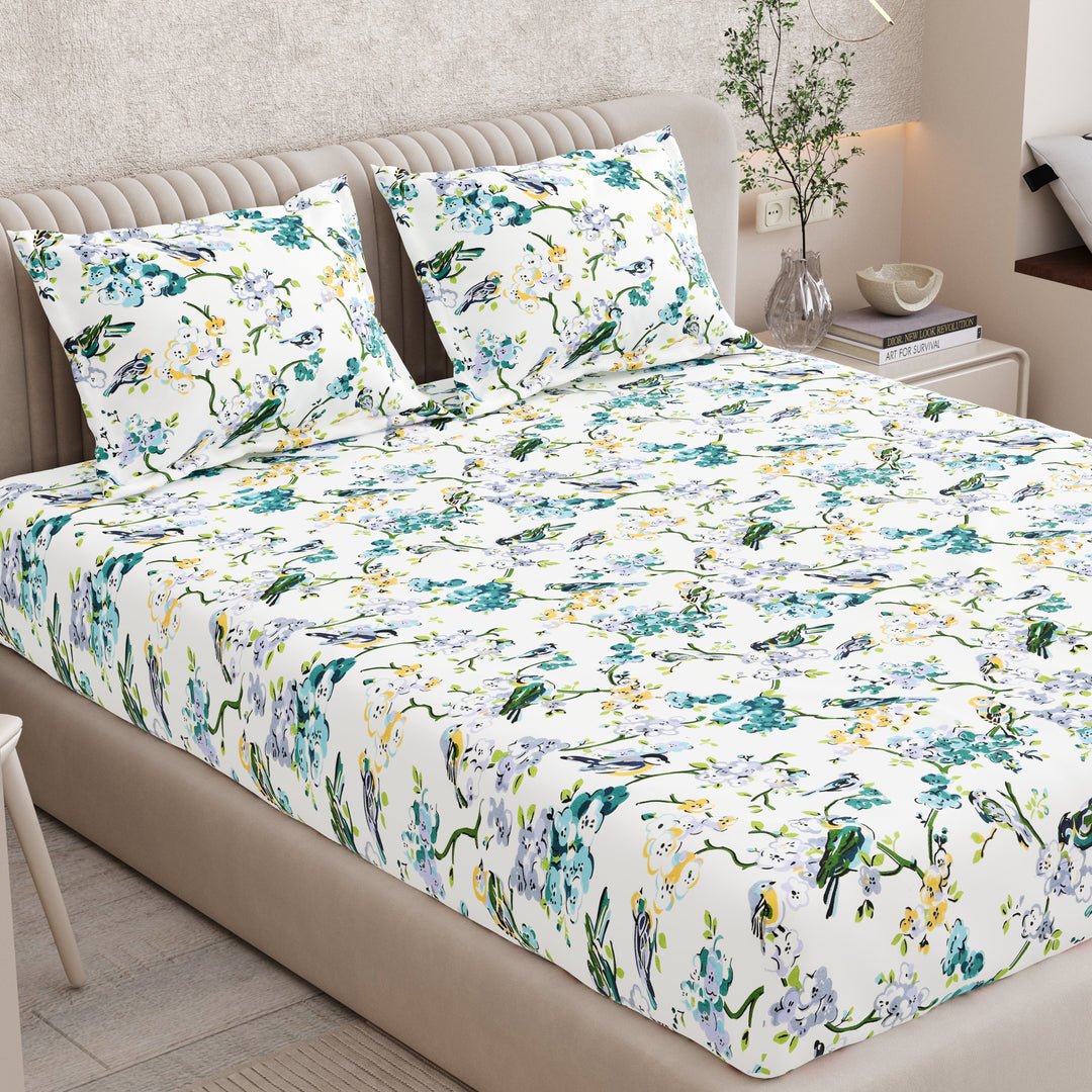 Bella Casa Fashion & Retail Ltd BEDSHEET 72 inch x 78 inch + 10 inch / Blue & Off White / 100 % Pure Cotton Double Fitted Bedsheet Set 100% Cotton with 2 Pillow Covers Floral Design Blue & Off White Colour - Scarlet Collection