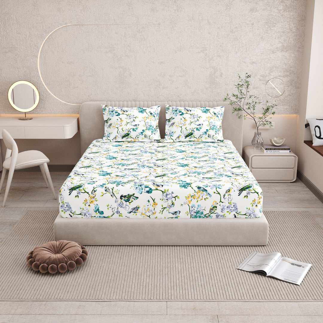 Bella Casa Fashion & Retail Ltd BEDSHEET 72 inch x 78 inch + 10 inch / Blue & Off White / 100 % Pure Cotton Double Fitted Bedsheet Set 100% Cotton with 2 Pillow Covers Floral Design Blue & Off White Colour - Scarlet Collection