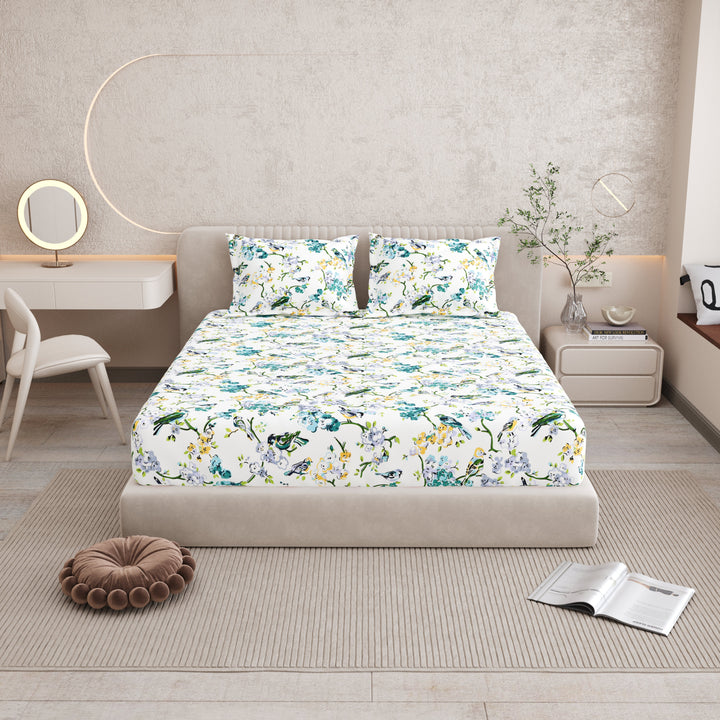 Bella Casa Fashion & Retail Ltd BEDSHEET 72 inch x 78 inch + 10 inch / Blue & Off White / 100 % Pure Cotton Double Fitted Bedsheet Set 100% Cotton with 2 Pillow Covers Floral Design Blue & Off White Colour - Scarlet Collection