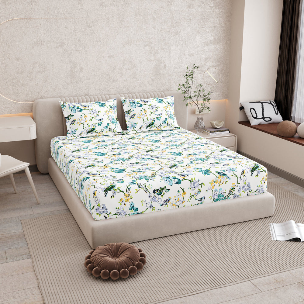 Bella Casa Fashion & Retail Ltd BEDSHEET 72 inch x 78 inch + 10 inch / Blue & Off White / 100 % Pure Cotton Double Fitted Bedsheet Set 100% Cotton with 2 Pillow Covers Floral Design Blue & Off White Colour - Scarlet Collection