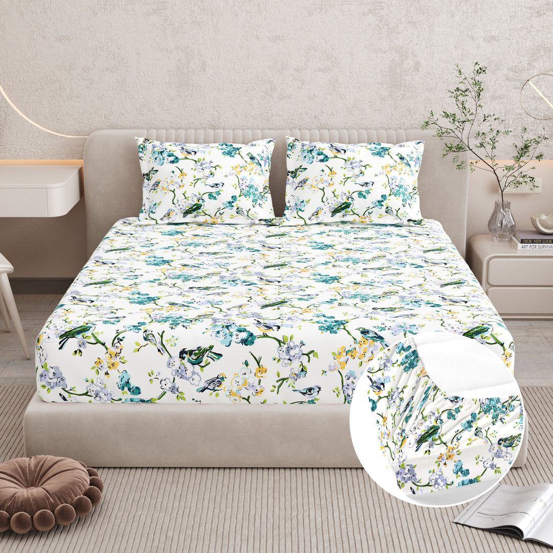 Bella Casa Fashion & Retail Ltd BEDSHEET 72 inch x 78 inch + 10 inch / Blue & Off White / 100 % Pure Cotton Double Fitted Bedsheet Set 100% Cotton with 2 Pillow Covers Floral Design Blue & Off White Colour - Scarlet Collection