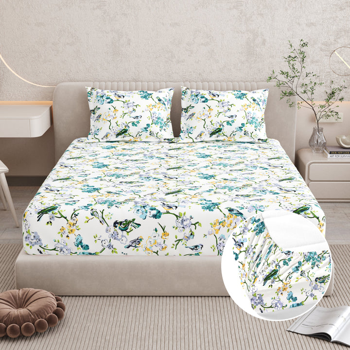 Bella Casa Fashion & Retail Ltd BEDSHEET 72 inch x 78 inch + 10 inch / Blue & Off White / 100 % Pure Cotton Double Fitted Bedsheet Set 100% Cotton with 2 Pillow Covers Floral Design Blue & Off White Colour - Scarlet Collection