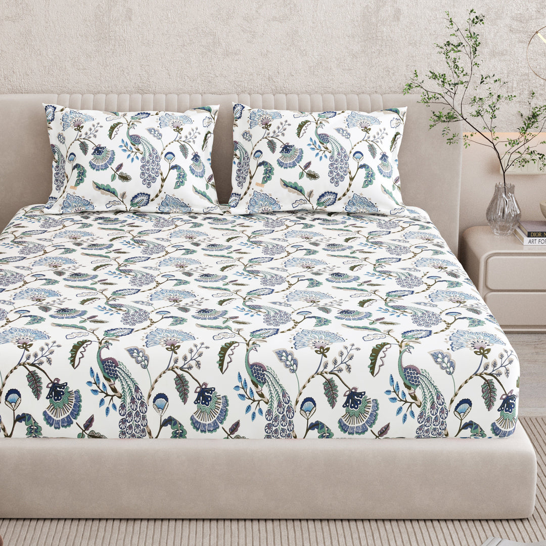 Bella Casa Fashion & Retail Ltd BEDSHEET 72 inch x 78 inch + 10 inch / Blue & White / 100 % Pure Cotton Double Fitted Bedsheet Set 100% Cotton with 2 Pillow Covers Floral Design Blue & White Colour - Scarlet Collection