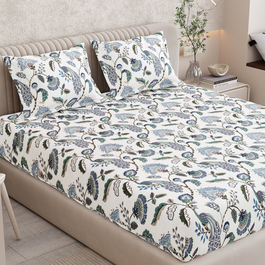 Bella Casa Fashion & Retail Ltd BEDSHEET 72 inch x 78 inch + 10 inch / Blue & White / 100 % Pure Cotton Double Fitted Bedsheet Set 100% Cotton with 2 Pillow Covers Floral Design Blue & White Colour - Scarlet Collection