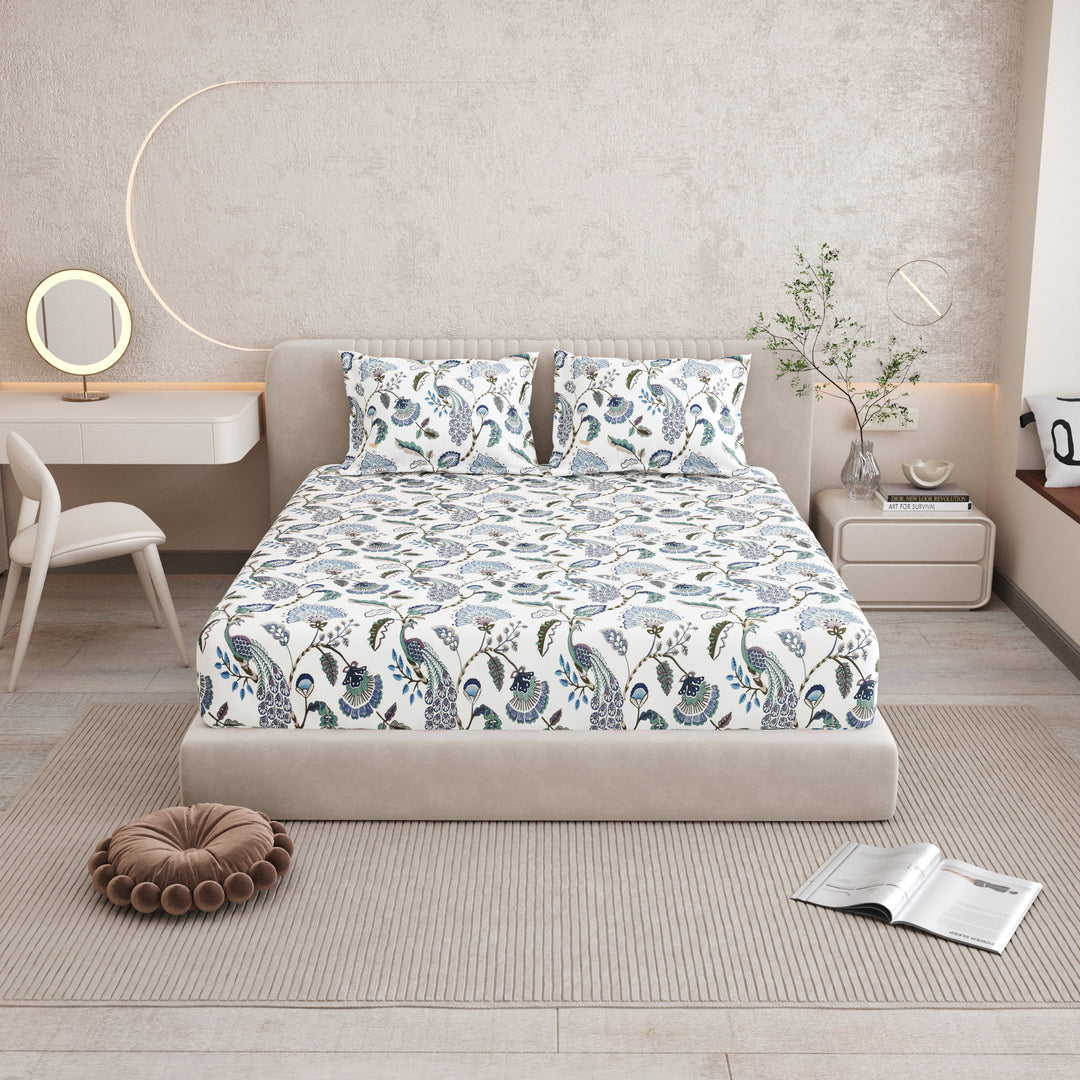 Bella Casa Fashion & Retail Ltd BEDSHEET 72 inch x 78 inch + 10 inch / Blue & White / 100 % Pure Cotton Double Fitted Bedsheet Set 100% Cotton with 2 Pillow Covers Floral Design Blue & White Colour - Scarlet Collection