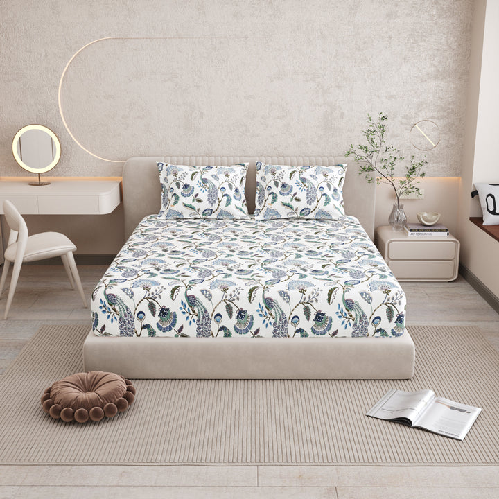 Bella Casa Fashion & Retail Ltd BEDSHEET 72 inch x 78 inch + 10 inch / Blue & White / 100 % Pure Cotton Double Fitted Bedsheet Set 100% Cotton with 2 Pillow Covers Floral Design Blue & White Colour - Scarlet Collection