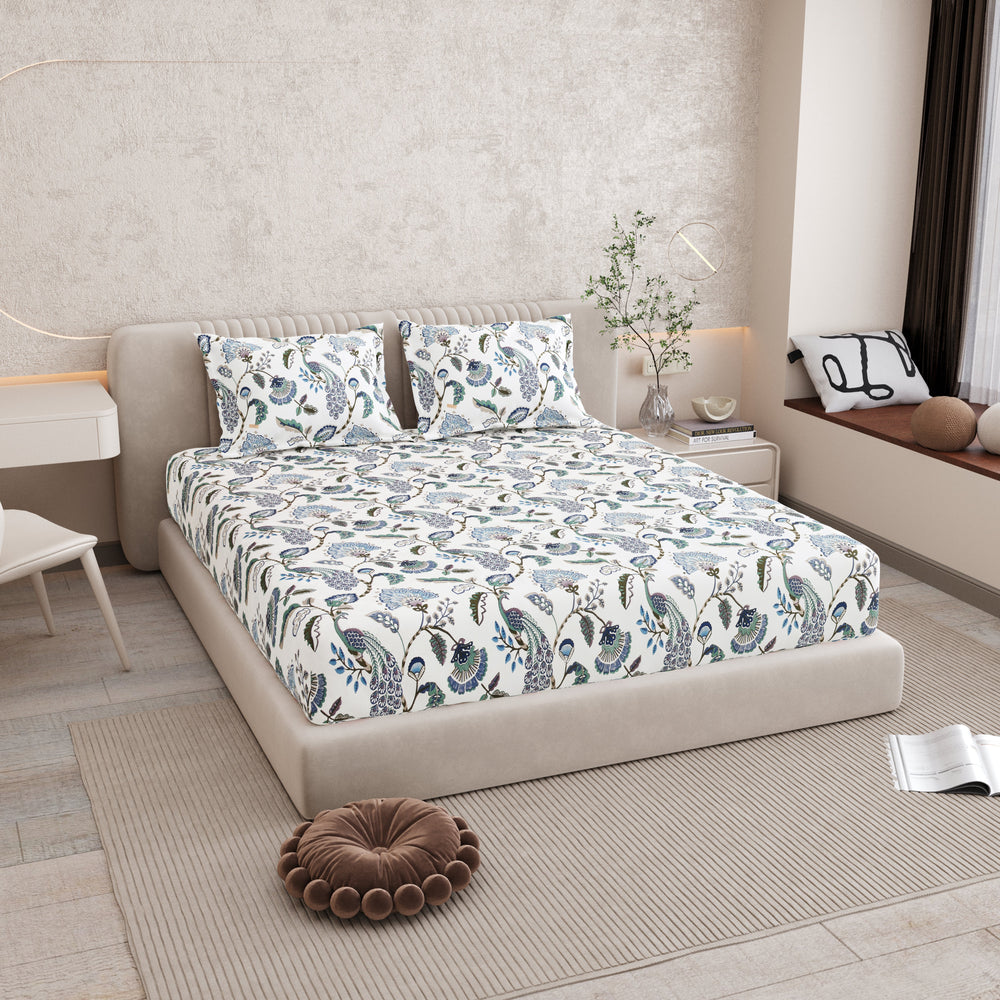 Bella Casa Fashion & Retail Ltd BEDSHEET 72 inch x 78 inch + 10 inch / Blue & White / 100 % Pure Cotton Double Fitted Bedsheet Set 100% Cotton with 2 Pillow Covers Floral Design Blue & White Colour - Scarlet Collection