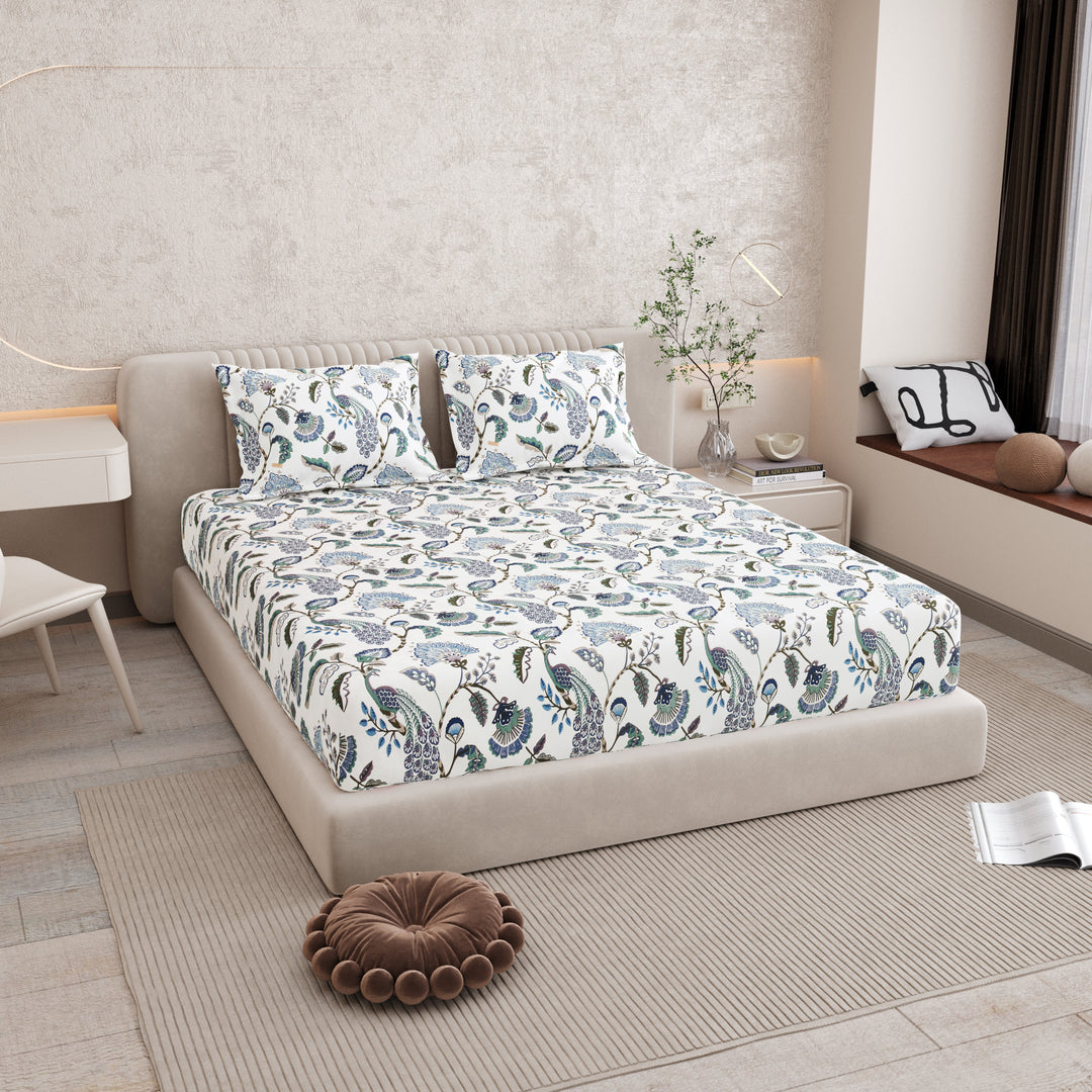 Bella Casa Fashion & Retail Ltd BEDSHEET 72 inch x 78 inch + 10 inch / Blue & White / 100 % Pure Cotton Double Fitted Bedsheet Set 100% Cotton with 2 Pillow Covers Floral Design Blue & White Colour - Scarlet Collection