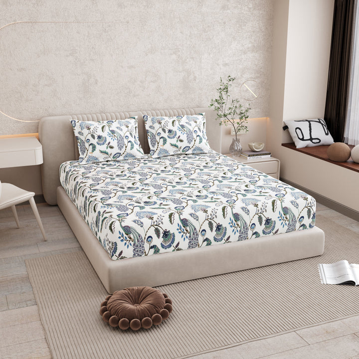 Bella Casa Fashion & Retail Ltd BEDSHEET 72 inch x 78 inch + 10 inch / Blue & White / 100 % Pure Cotton Double Fitted Bedsheet Set 100% Cotton with 2 Pillow Covers Floral Design Blue & White Colour - Scarlet Collection