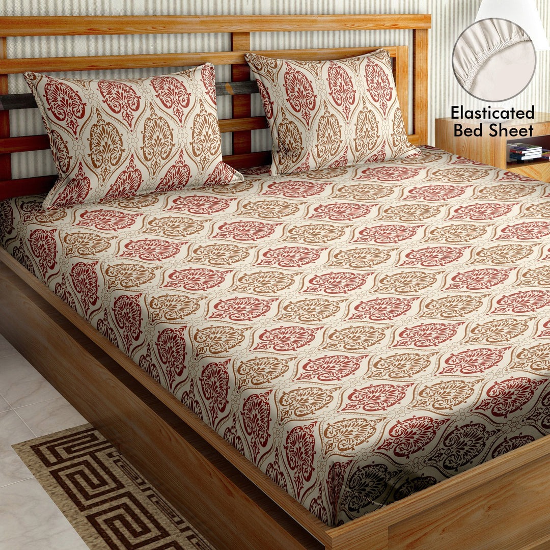 Bella Casa Fashion & Retail Ltd  BEDSHEET 72 inch x 78 inch + 10 inch / Brown / 100 % Cotton Bella Casa Double Fitted Bedsheet Set 100 % Cotton with 2 Pillow Covers Abstract Design Brown Colour - Scarlet Collection
