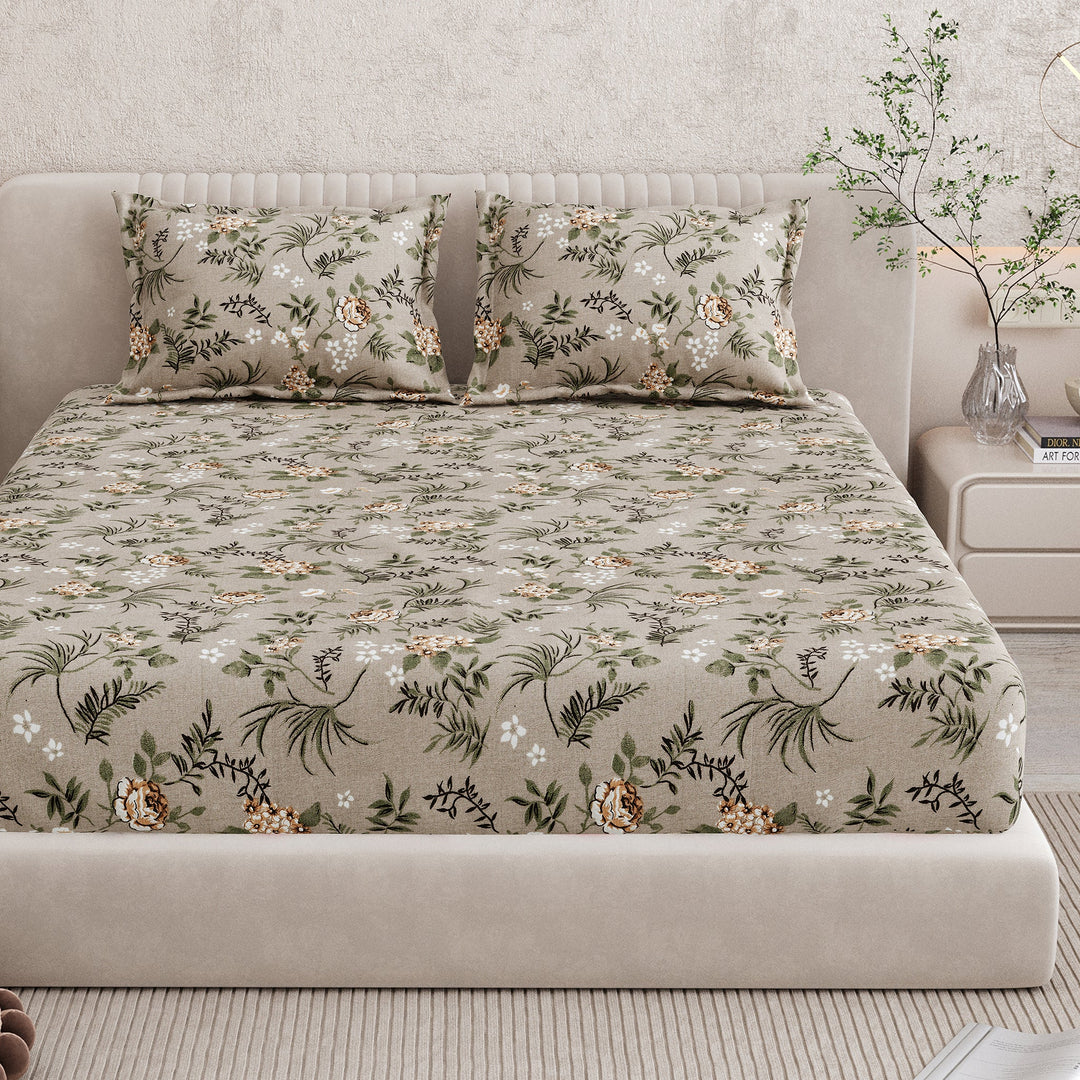 Bella Casa Fashion & Retail Ltd BEDSHEET 72 inch x 78 inch + 10 inch / Brown & Green / 100 % Pure Cotton Double Fitted Bedsheet Set 100% Cotton with 2 Pillow Covers Floral Design Brown & Green Colour - Scarlet Collection