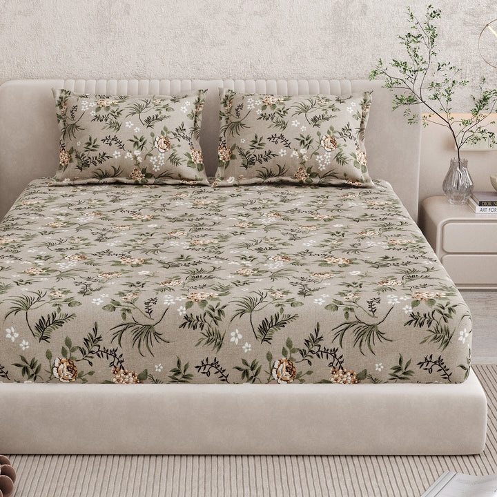 Bella Casa Fashion & Retail Ltd BEDSHEET 72 inch x 78 inch + 10 inch / Brown & Green / 100 % Pure Cotton Double Fitted Bedsheet Set 100% Cotton with 2 Pillow Covers Floral Design Brown & Green Colour - Scarlet Collection