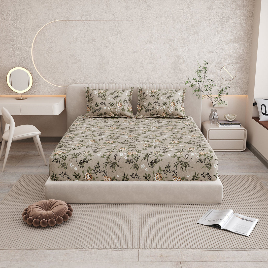 Bella Casa Fashion & Retail Ltd BEDSHEET 72 inch x 78 inch + 10 inch / Brown & Green / 100 % Pure Cotton Double Fitted Bedsheet Set 100% Cotton with 2 Pillow Covers Floral Design Brown & Green Colour - Scarlet Collection