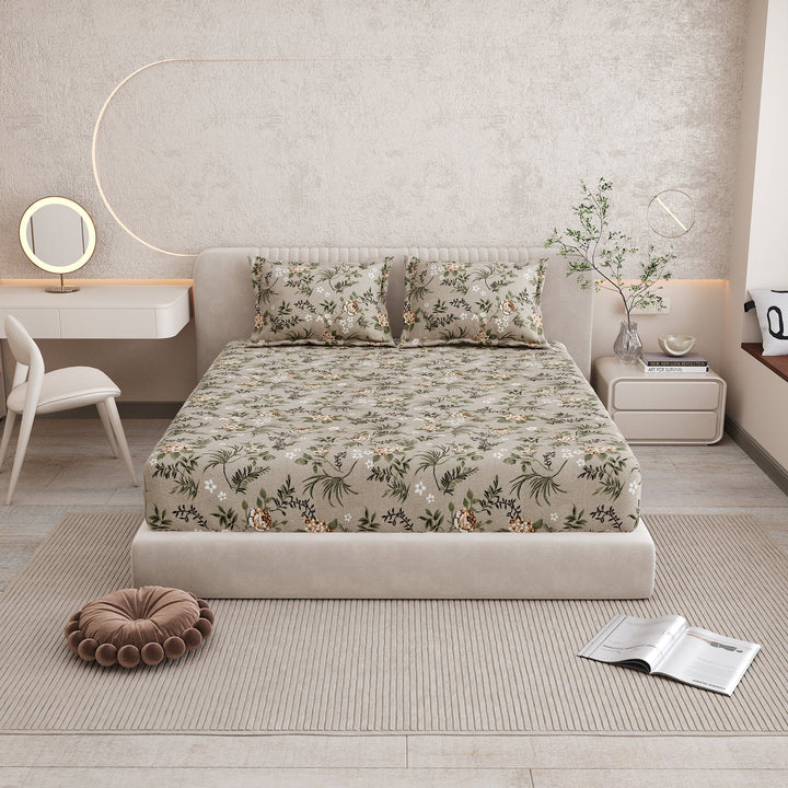 Bella Casa Fashion & Retail Ltd BEDSHEET 72 inch x 78 inch + 10 inch / Brown & Green / 100 % Pure Cotton Double Fitted Bedsheet Set 100% Cotton with 2 Pillow Covers Floral Design Brown & Green Colour - Scarlet Collection